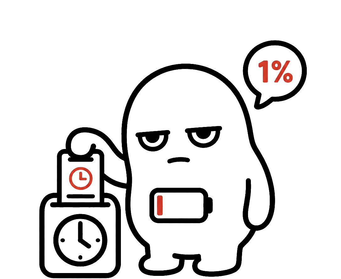 low battery studio 的小吉祥物，电量 1% 但还在坚持